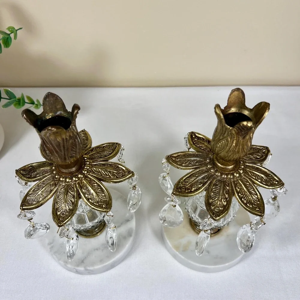 Vintage Glass Marble & Brass Candlestick Holders w/ Teardrop Pendants | Set of 2